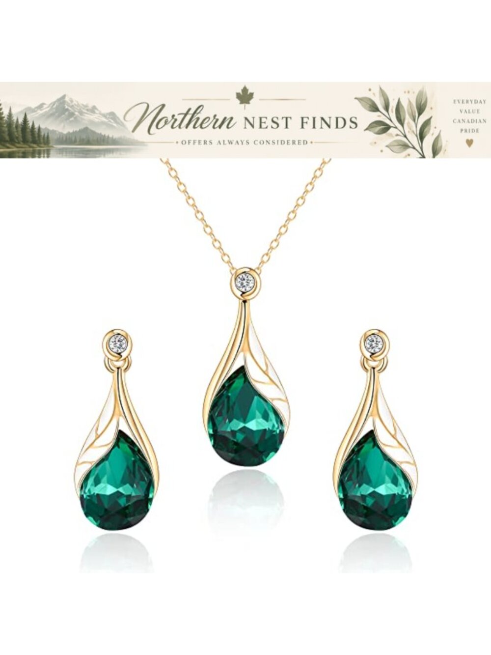Austrian Crystal Leaf Teardrop Necklace Dangle Earrings Jewelry Set